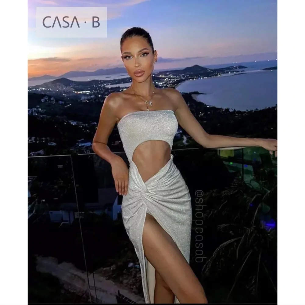 CASA B| Cocktails In Capri High Slit Champagne Shimmer Dress - Picture 1 of 6